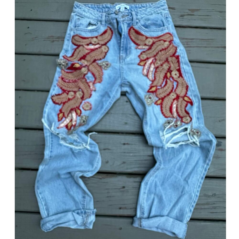 Upcycled Jeans Reworked red gold Patches one of a kind Sz s glam Bohemian velvet